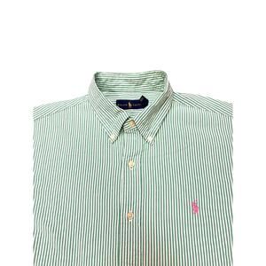 Ralph Lauren Shirt Mens Large Green Striped Seer Sucker Button Up Short Sleeve